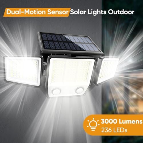 MDCMDCM Solar Motion Sensor Outdoor Lights Waterproof - 3000LM 3 Modes Security Lights Outdoor 270° Illumination IP65 LED Solar Flood Wall Light for Garden Yard Patio Pathway (with Remote Control,4)