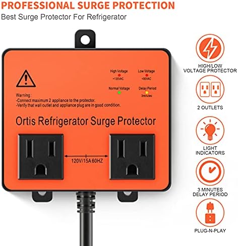 Refrigerator Surge Protector, Ortis Double Outlet Voltage Protector for Home Appliances with Time Delay, 5ft Power Cord, Protects Against Brownout, Spike, Instant Surge All Voltage Abnormalities