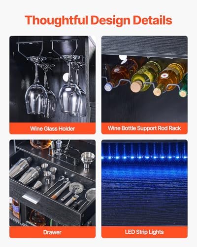 VEVOR Home Bar Unit, Wine Bar Cabinet Table 4-Tier with Storage Drawer Shelves, Wine Glass Holder, Bottle Rack, LED Light, Wood & Metal Liquor Cabinet for Home, Basement, Kitchen, Living Room, Black