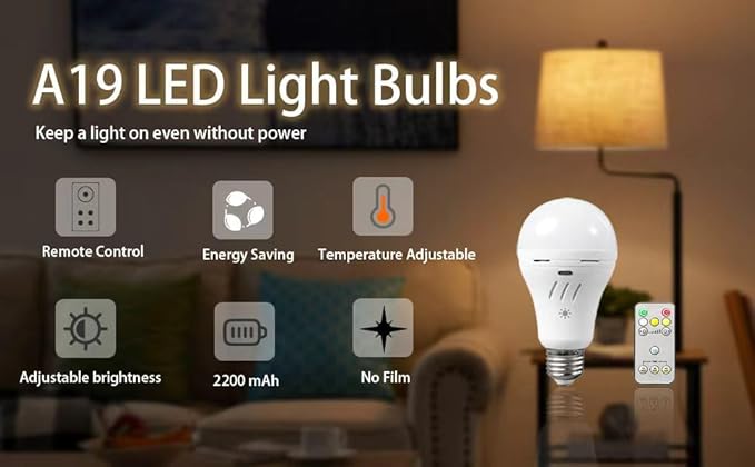 A19 Rechargeable Emergency Light Bulb with Remote, E26 USB Dual Charging, 3 Color Dimmable LED, Touch Hardwired Battery Powered Backup Bulb for Power Outage, Hurricane, Camping Outdoor