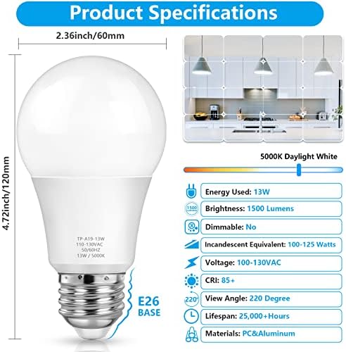 MAXvolador A19 LED Light Bulbs, 100 Watt Equivalent, Daylight White 5000K, 1500LM, E26 Base, Non-Dimmable, 13W Bright White Bulb, 20-Pack