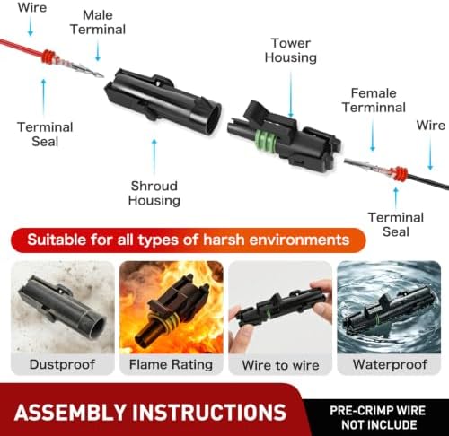 Nilight 60PCS 10 Kits 1 Pin Waterproof Automotive Electrical Connector Kit