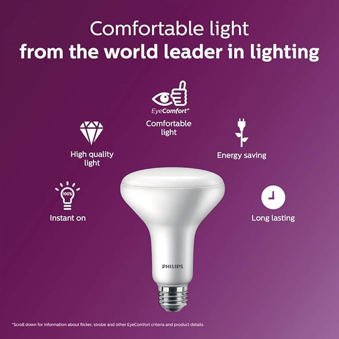 Philips LED Flicker-Free BR30 Light Bulb, EyeComfort Technology, Non-Dimmable, 650 Lumen, Soft White (2700K), 9W=65W, E26 Base, 6-Pack
