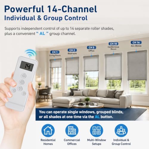 14 Channel RF Remote Control for Roller Shades – Compatible with ERB25/EY2512 Motorized Blinds Systems, Individual & Group Control, Replace Lost or Broken Remote for RF Tubular Motors (Not Universal)