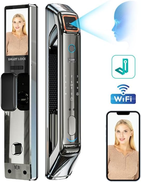 Smart Door Lock with Camera, 3D Face Recognition, Keyless Entry Palm, Face, Fingerprint, Passcode, IC Card, Video Doorbell, Intercom, JLINK App, Touchscreen Keypad, Front Door Lock, Home Security