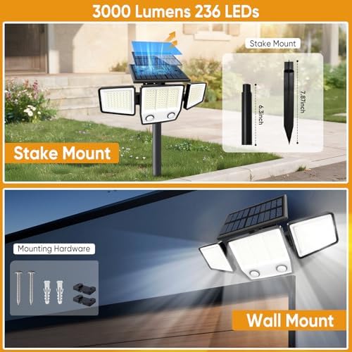 MDCMDCM Solar Motion Sensor Outdoor Lights Waterproof - 3000LM 3 Modes Security Lights Outdoor 270° Illumination IP65 LED Solar Flood Wall Light for Garden Yard Patio Pathway (with Stakes, 2)