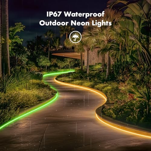 Neon Rope Lights,65.6FT RGB LED Strip Lights, App Control, IR Remote, Music Syncing, Outdoor IP67 Waterproof, Flexible Strip Cuttable for Bedroom, Gaming, Party(2 Rolls of 32.8FT)
