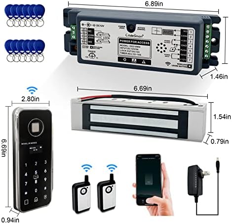 WiFi Access Control 400lb Holding Force Electic Magnetic Door Lock System Kit with Remote and Smartphone app Control, paired with Wireless Fingerprint and Access Kaypad (Electric Magnetic Lock kit)
