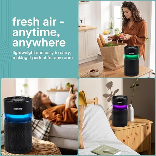 SereneLife Portable Air Purifier - Small Air Purifier with Aroma Box & Ambient Light, High Filtration Efficiency, Filter Change Reminder, 2-Speed, Timer & Sleep Mode, 6 x 6 x 12 in. (Black)
