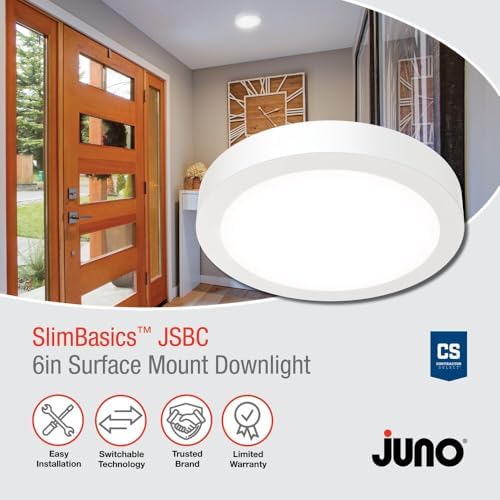 Juno Slim Basics 6 Inch LED Ceiling Light, Low Profile Surface Mount Downlight for Shower or Closet Lighting, 3000K/4000K/5000K Selectable White Light, Edged Trim, Wet Rated, Matte White, 6 Pack