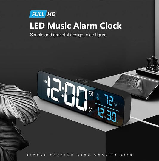 Abovsare Digital Clock for Bedroom, Clocks for Living Room Decor, Desk Table Clock, Alarm Clock Large Display with Date Week Temperature, Automatic Brightness Dimmer, Smart Cool Modern (Black Blue)