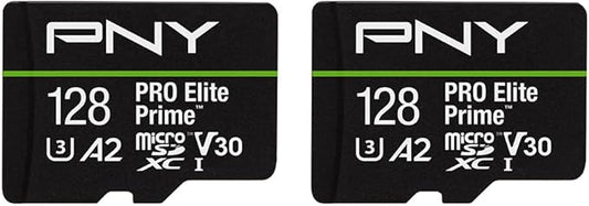 PNY 128GB PRO Elite Prime™ C10 U3 V30 A2 microSDXC Flash Memory Card – Ultra-Fast Speeds, Read 200MB/s, Write 150MB/s, 4K UHD, Full HD, UHS-I, for Smartphones, Drones, Action Cameras, 2-Pack