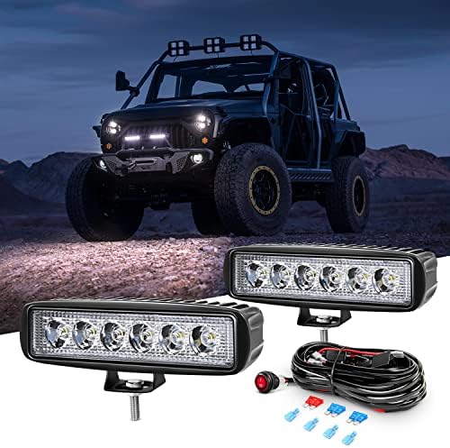 GOOACC 2 PCS 18w Spot Led Light Bar Work Light Pods Off Road Driving Light Fog Light Reverse Lights with 16AWG Off Road Wiring Harness-2 Leads for Truck Truck Boat SUV ATV, 2 Years Warranty