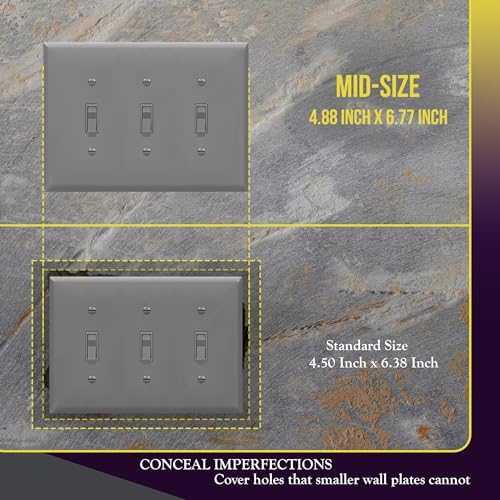 ENERLITES Triple Light Switch Wall Plate, Toggle Switch Plate, 3-Gang Gloss Finish, Mid-Size 4.88" x 6.77", Unbreakable Polycarbonate Thermoplastic, UL Listed, 8813M-GY, Gray