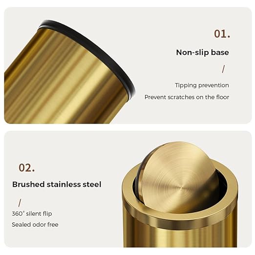 9 Liter/2.4 Gallon, Gold Trash can with Swing lid, Brass Small Trash can, Gold Trash Bin with Lid for Office, Living Room,Bathroom,Restaurant Bathroom