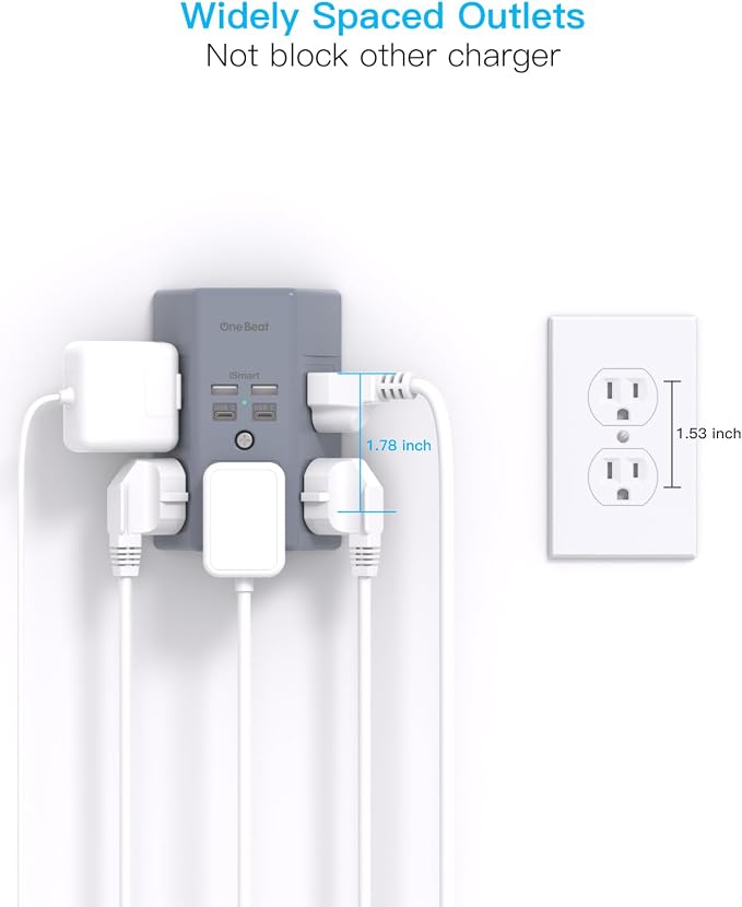 One Beat Surge Protector Wall Outlet Extender, 5 Outlets & 4 USB Ports (2 USB-C), 1680J, 3-Sided Multi Plug Outlet Adapter, Outlet Splitter, Wall Mount, ETL Listed for Home Office Travel-Grey