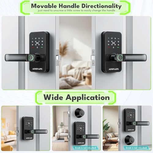 Keyless Entry Door Lock with Handle, Door Locks for Bedroom, Auto Lock, Fingerprint Door Knob with Key, Passcode, Digital Smart Code & Front Handle Sets-Black
