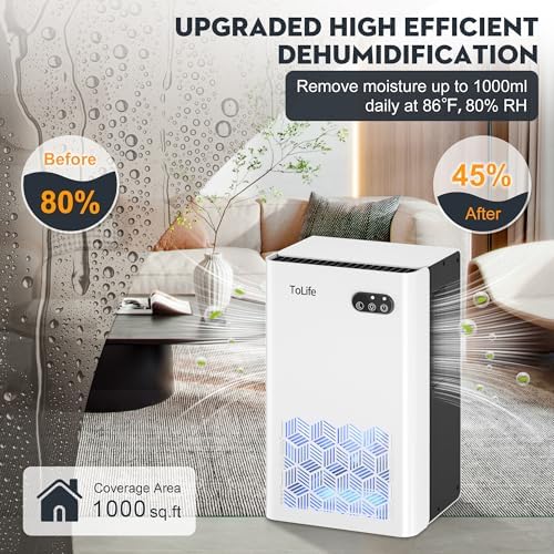 ToLife Dehumidifier for Home Bedroom 1000 sq.ft with Auto Shut-Off, White