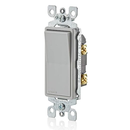 Leviton 15 Amp, 120/277 Volt, Decora Rocker Single-Pole AC Quiet Switch, Residential Grade, Grounding, 5601-2G, Gray