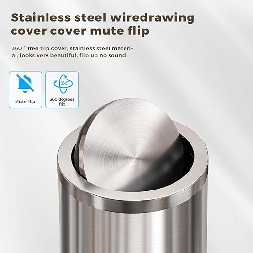 4.8GALStainless Steel Bathroom Trash Can with Lid, Silver Trash Can with Flipping Lid, Garbage cans for Kitchen๏ผLiving Room,Dental Office๏ผHotel,Guest Room(4.7gal-Silver)
