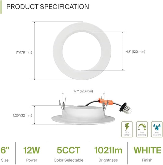 ASD 12 Pack Retrofit LED Recessed Lighting 6 Inch - 12W 2700K-5000K 971LM Flat Can Lights for Ceiling 6 Inch, Dimmable Recessed Lights, Wet Rated Wafer Lights, ETL