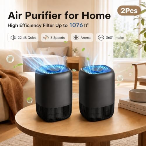2-Pack of Air Purifiers for Home and Bedroom, Up to 1,076 Sq. Ft. Each, for Pet Hair, Odors, Pollen and Smoke, 3 Speeds, Timer, Aroma Function, 22 dB Sleep Mode, 360° Air Intake, Black