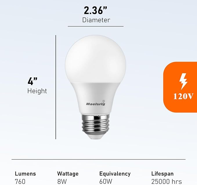 Maelsrlg A19 LED Light Bulbs 60 Watt Equivalent, 90 CRI, Dimmable, Warm White 3000K, 760 Lumens, E26 Base, 120V, 8W LED Bulbs for Bedroom Living Room, 8-Pack
