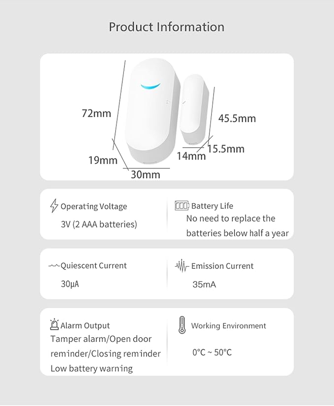 4 Pack WiFi Wireless Door Window Sensor,TUYA Smart Alarm with Free Notification APP Control Home Security Alarm System, Compatible with Alexa, Google Home, Siri