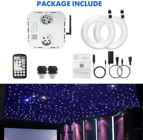 AMKI High Brightness Dual Color 32W Twinkle 1500pcs 0.03in 16.4ft Fiber Optic Starlight Headliner Kits RGBW Sound Activated APP/Remote Control for Movie Theater Home Ceiling Decor