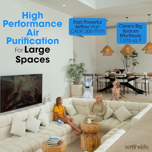 SereneLife Air Purifier for Home - Smart Room Air Purifier with Sleep and Automatic Modes, WiFi and App Control, Ultra Quiet, Removes Dust, Pet Hair and Odor for Large Rooms up to 1,076 Sq Ft (White)