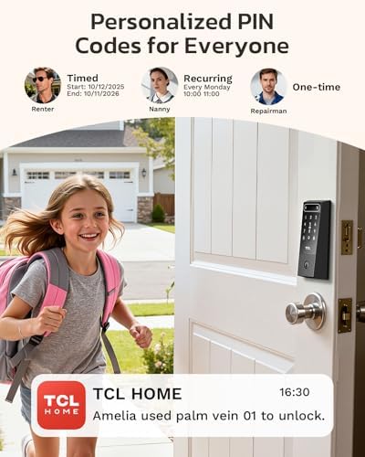 TCL Smart Lock, Palm Vein Keyless Entry Deadbolt, Wi-Fi Keypad Door Lock, Built-in Doorbell, 8-Month Battery, App & Voice Control, Works with Alexa & Google Home, Easy Install for Front Door, D2 Pro
