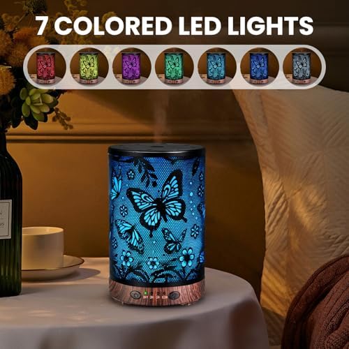 Essential Oil Diffuser 120ML Metal Aromatherapy Diffuser with Timer, Cool Mist Humidifier with Auto Shut-Off & 7 Color Lights for Home Office Spa (Big Butterfly)