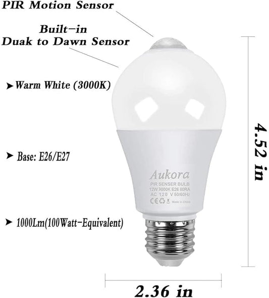 Motion Sensor Light Bulbs, Aukora 12W (100-Watt Equivalent) E26 Motion Activated Dusk to Dawn Security Light Bulb Outdoor/Indoor for Front Door Porch Garage Basement Hallway Closet(Warm White 2 Pack)