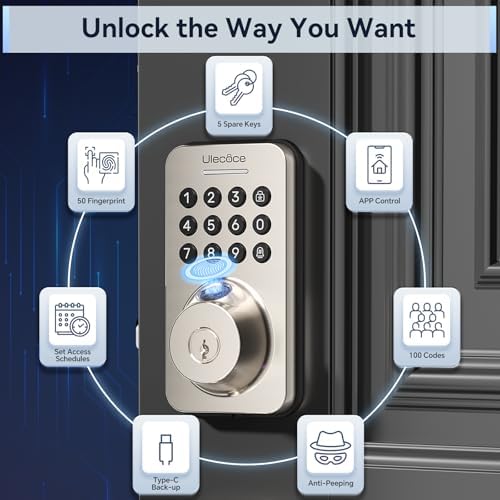 Ulecoce Fingerprint Keypad Deadbolt with Handle Set, Keyless Entry Door Lock, Door Locks for Front Door Lock Set, App Control, Auto Locking, Easy to Install, Satin Nickel