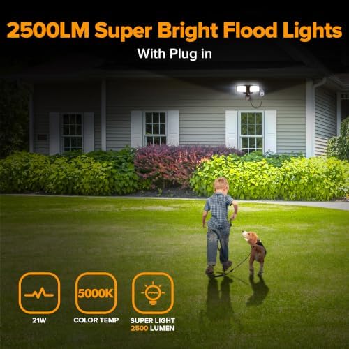 LUTEC 21W 2 Pack Plug in Motion Sensor Light Outdoor, Flood Lights Outdoor Motion Sensor,2500LM, 5000K Daylight,IP65 Waterproof,Adjustable 2 Heads Wall Light for Garage, Porch, Yard - Brown