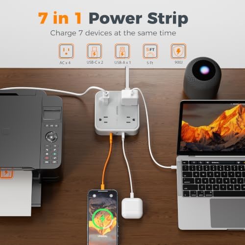 TESSAN Surge Protector Flat Extension Cord 5Ft, Flat Plug Power Strip