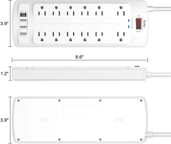 Yintar 6Ft Surge Protector Power Strip with 12 Outlets and 4 USB Ports | 10 Feet Flat Plug Extension Cord with Multiple Outlets for Home, Office, Dorm Essentials, 2700 Joules, ETL, White