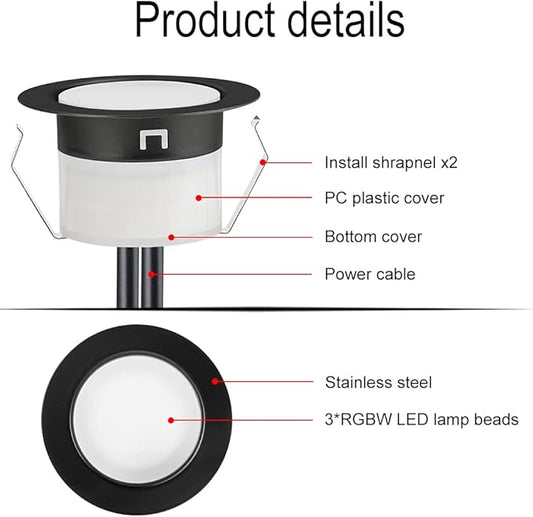 Sumaote LED Deck Lights Kit RGBW 30pcs Φ1.22 Low Voltage Recessed Deck Lamp In-ground Lights Waterproof Outdoor Yard Path Stairs Steps Landscape Decor, Multicolor & Warm White Lighting, Black Shell