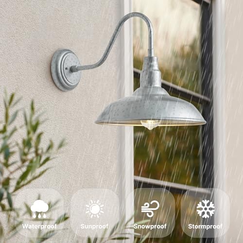 10in Outdoor Gooseneck Barn Lights Silver Gray Exterior Porch Gooseneck Wall Mount Lighting Fixture, 2 Pack Brushed Silver Barn Style Outside Wall Sconce for House, Garage, Farmhouse