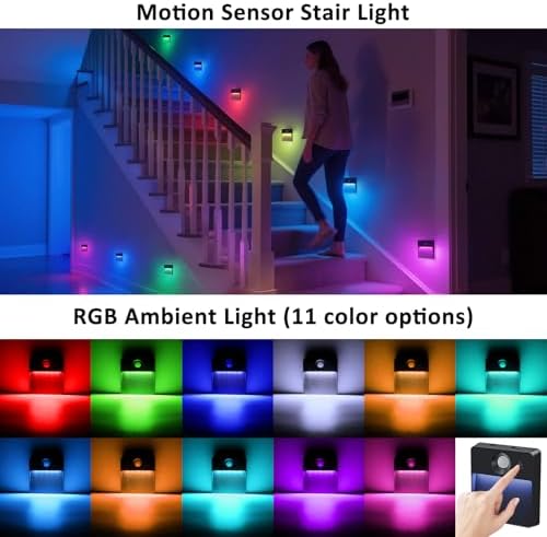Guankai 3 Pack Motion Sensor Stair Light for Indoor, Rechargeable Battery Operated Night Lights, RGBW Stick On Closet Lamp, Motion Activated Magnetic Lighting Lamps for Step, Cabinet,Hallway,Bathroom