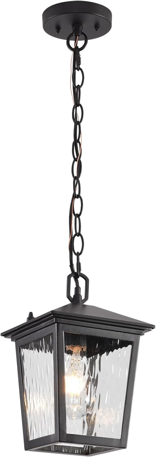 Outdoor Pendant Light, Black Outdoor Porch Light fixtures with Anti-Rust, Exterior Hanging Lantern, Height Adjustable Outside Chandelier with Water Glass for House Patio Garage