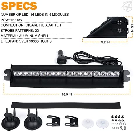 Xprite 16 inch Red Emergency Strobe Dash Lights, Interior Windshield Flashing Light w/Suction Cups for Construction Towing Snow Plow Pickup Work Trucks Cars (Aluminum Housing)