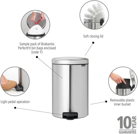 Brabantia Step-On Trash Can | Matt Steel FPP | 5.3 Gallon / 20L | Bathroom, Bedroom, Office Trash Can with Light Pedal Opening, Handle & Removable Inner Bucket | 11.4 x 15 x 18.4 | + Trash Bags