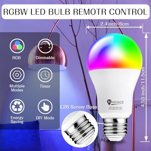 LED Color Changing Light Bulb with Remote Control, 60W Equivalent RGB Bulbs, 8W Dimmable E26 A19 2700K-6000K Warm White Indoor/Outdoor Colored Light Bulbs for Bedroom, Living Room, 4-Pack