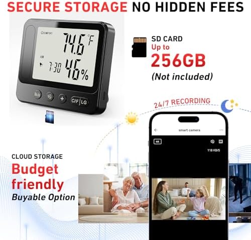 Indoor Camera with Temperature & Humidity Monitor, 4k Indoor WiFi Nanny Cam with Motion Detection, Night Vision, Live View by App, Security Camera for Home, Office, Greenhouse, Garage