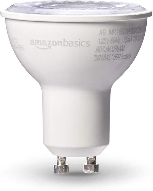 Amazon Basics MR16 LED Light Bulb, 50W Equivalent, Energy Efficient 7W, GU10 Base, Warm White 3000K, Dimmable, 10,000 Hour Lifetime, 6-Pack