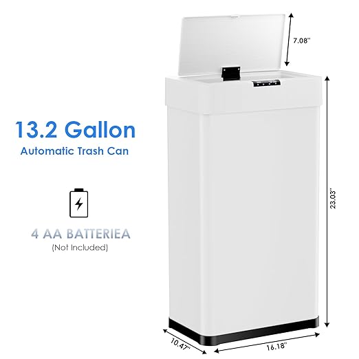 Sensor Trash Can, Touchless Motion Sensor Trash Bin, Smart Automatic Garbage Can with Soft-Close Lid, Bag Retainer Ring and Display Light,for Kitchen,Living Room Office (White, 13.2 Gal)