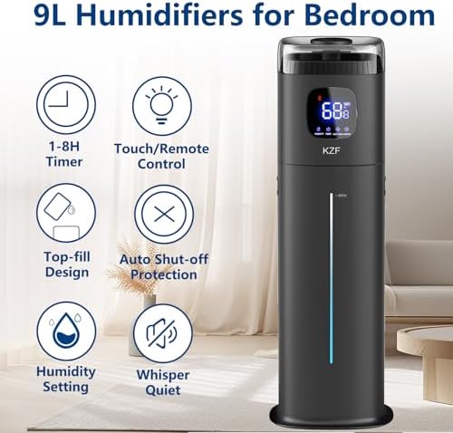 Large Humidifier for Bedroom, 9L/2.5Gallon Ultrasonic Cool Mist Humidifier with Humidistat, 360°Nozzle, 350ML/H Big Mist Level, Suitable for Kids Room Livingroom Yoga Office Plant (Black, 9, Liters)