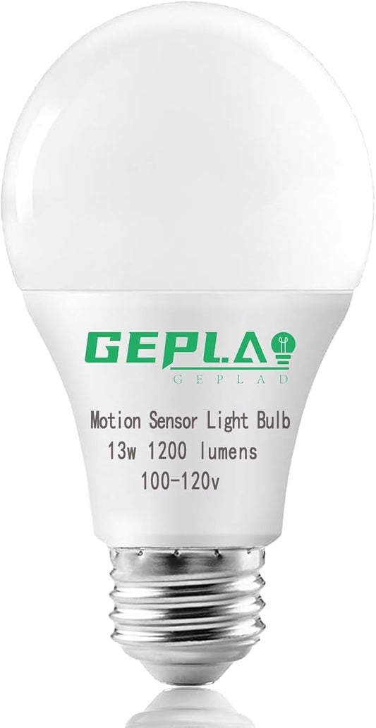 GEPLAD 4-Pack Upgrade Motion Sensor LED Light Bulbs 12W (100W Equivalent), A19 E26 Dusk to Dawn Bulb, Outdoor & Indoor, 5000K Daylight, 1200LM,Glass-Penetrating Sensor, Upward/Downward Mounting
