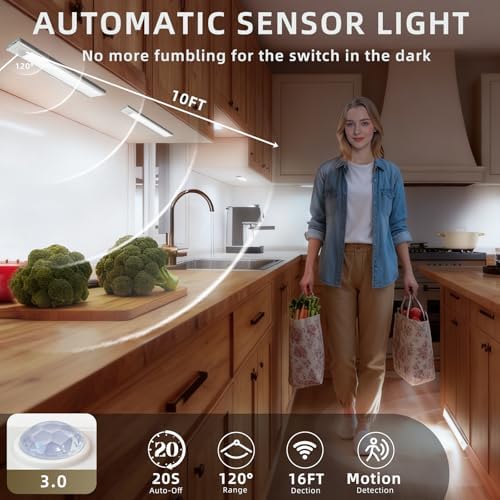 4 Pack Under Cabinet Lighting, Rechargeable Motion Sensor Light Indoor, Wireless Dimmable Magnetic Closet Lights, 32 LED Under Counter Lights for Kitchen, Wardrobe, Stairs, White Light